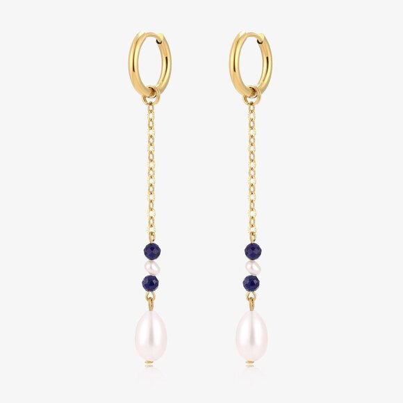 Long Dangle Lapis & Baby Fresh Water Pearl Earrings - Picture 2 of 2